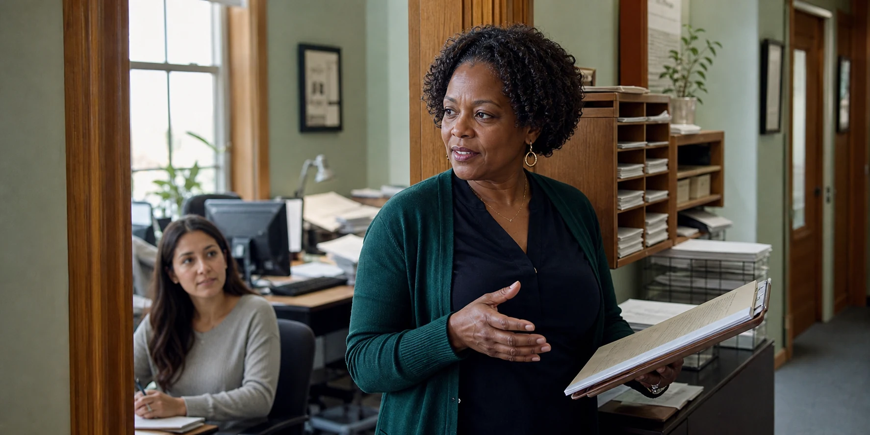 An operations lead works with colleagues in an accounting office.