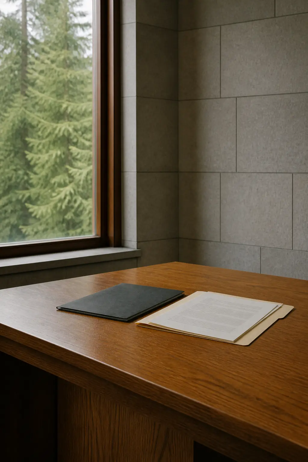 A quiet desk with an open firm profile.